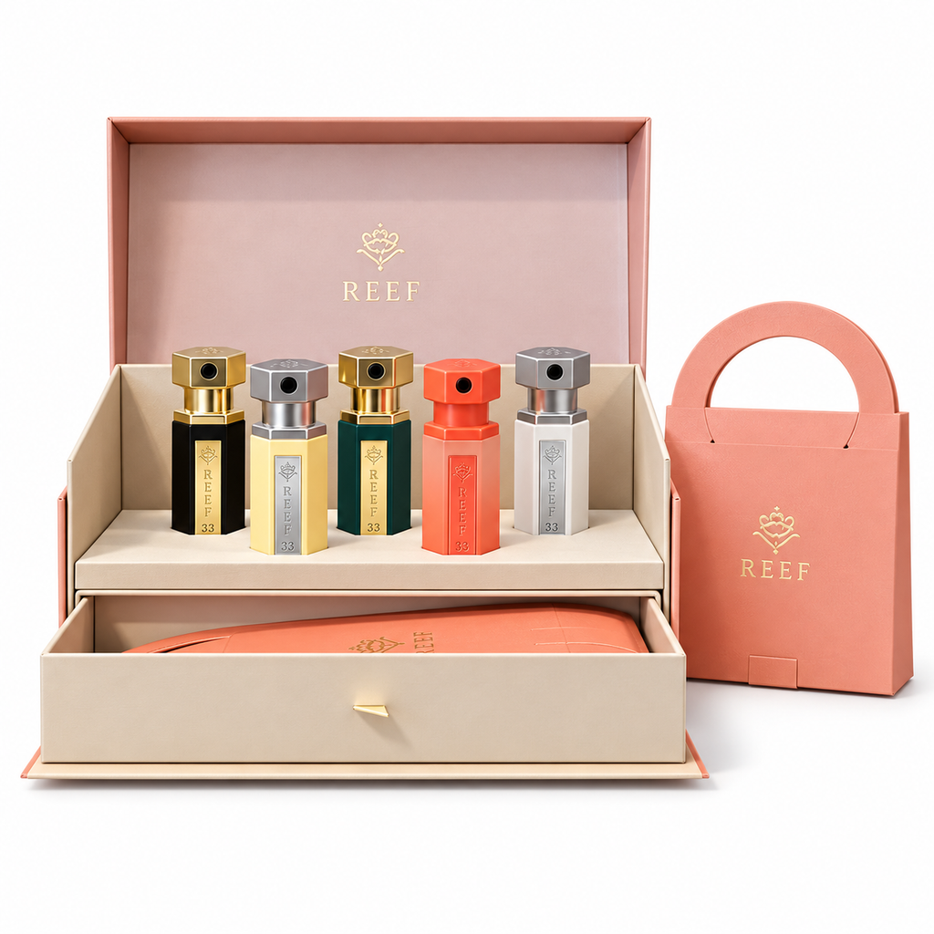 Coffret découverte REEF — 5 parfums — fond blanc, format carré