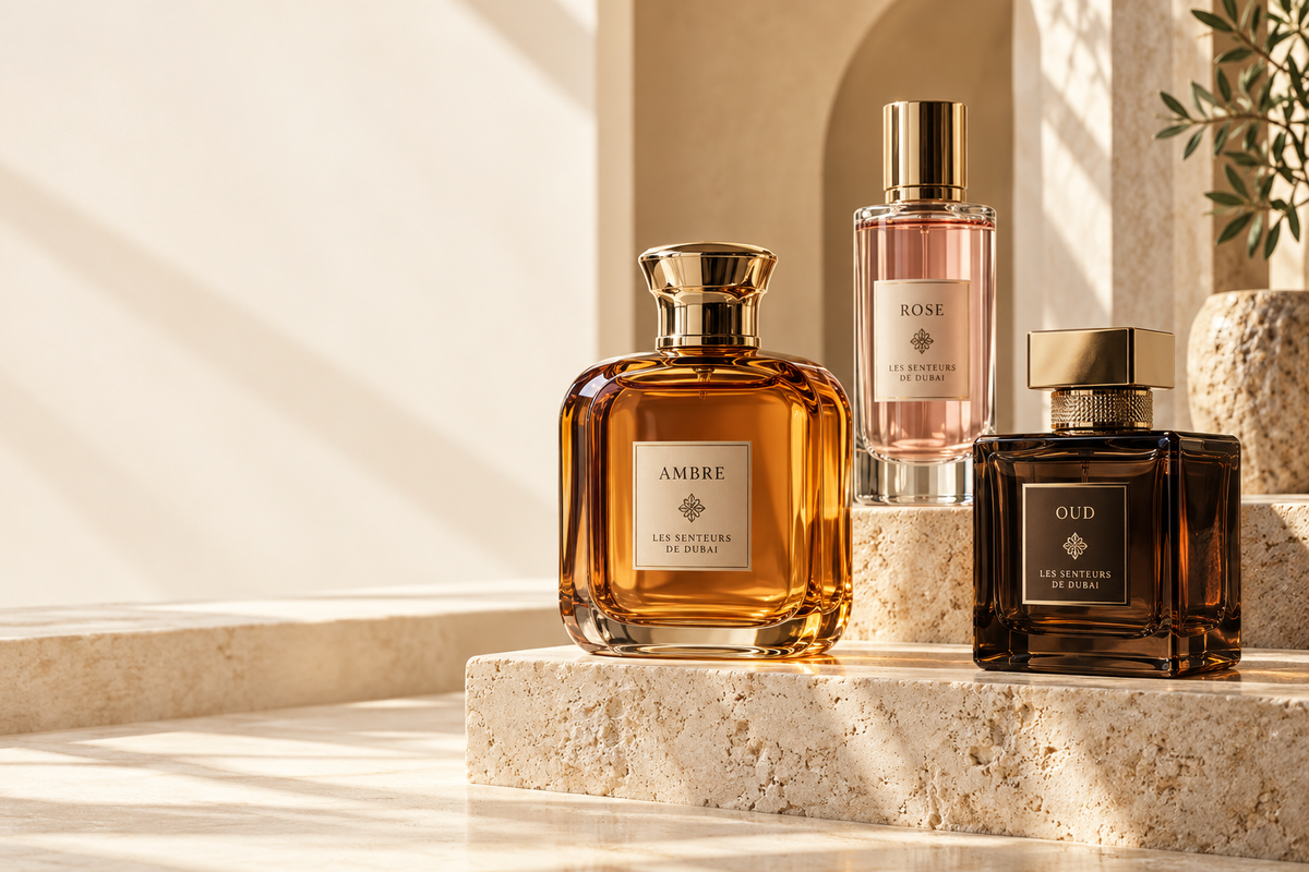 Concept de trois flacons de parfum sur un socle en pierre claire