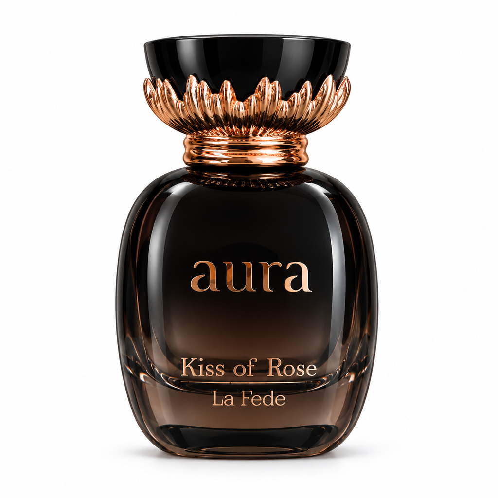 Aura — Kiss of Rose — flacon sur fond blanc