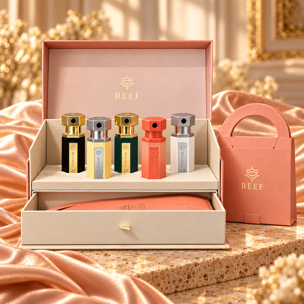Coffret découverte REEF — 5 parfums — univers de couleurs, format carré 1:1